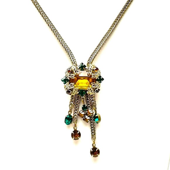 1940s Austrian Crystal Y Necklace Herringbone Chain — Miriam Haskell Style — EUC - Picture 1 of 10